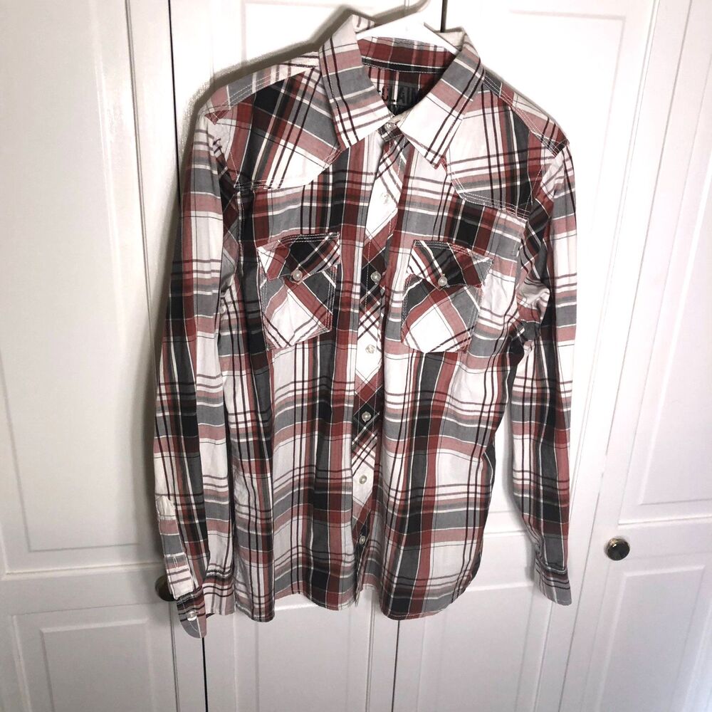 Reclaim Relaxed Western Flannel Shirt Red Black Gray White Plaid Medium Men's